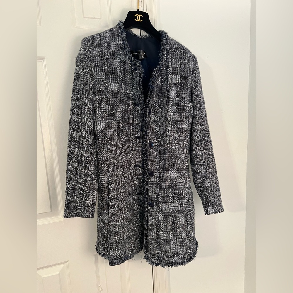 theyskens theory blazer jacket blue tweed with fringe hem size 10 44 EUC
